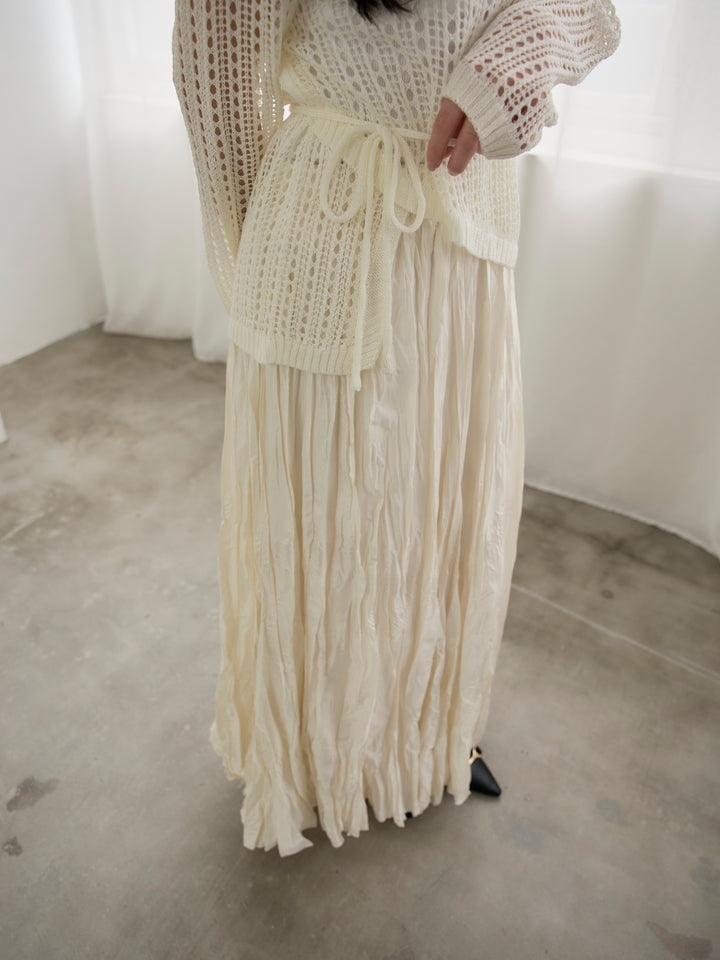 リネンタッチデザイン編みタイ付きルーズトップス