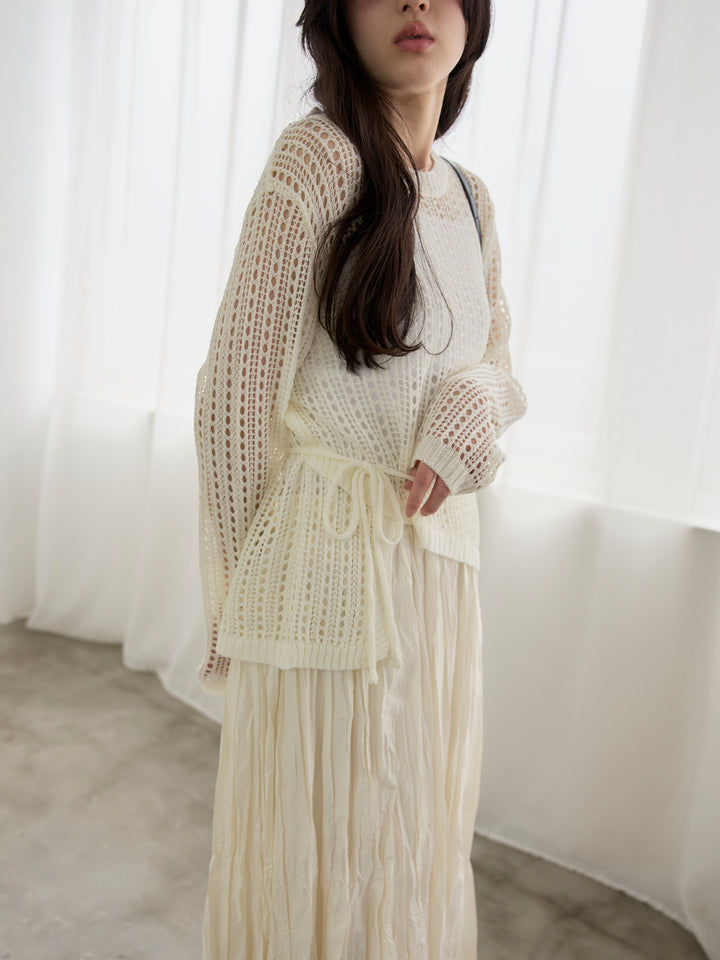 【SET】リネンタッチデザイン編みタイ付きルーズトップス+カットリブカップ付きバッククロスキャミソール(2set)