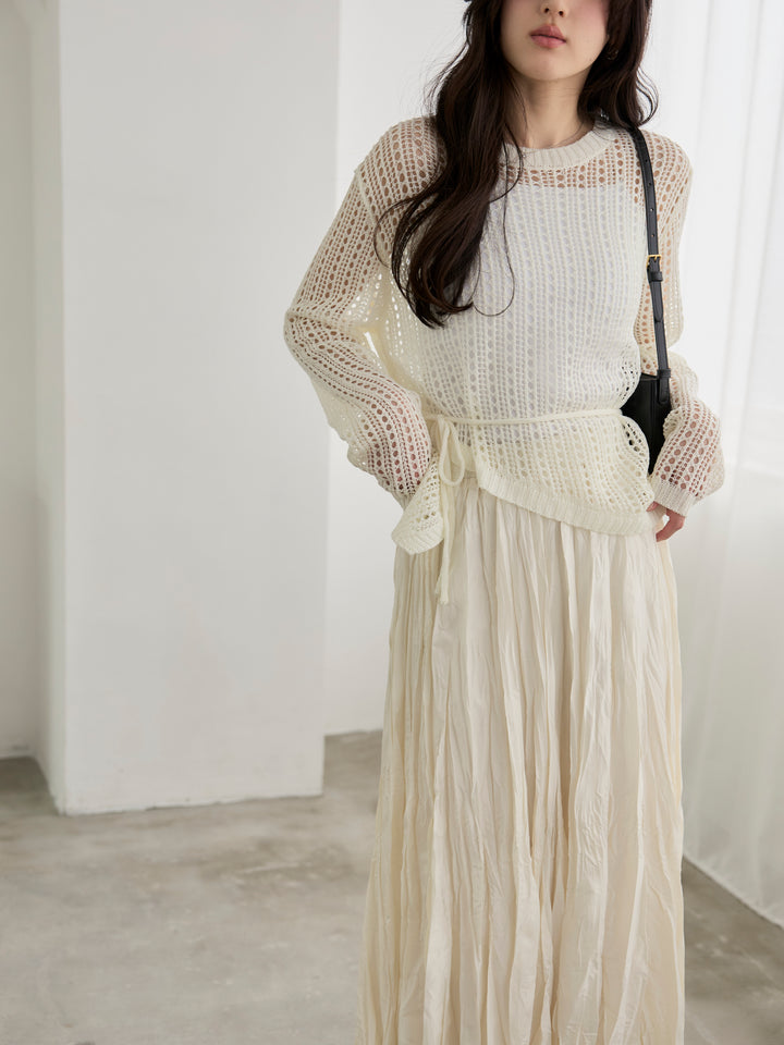 リネンタッチデザイン編みタイ付きルーズトップス