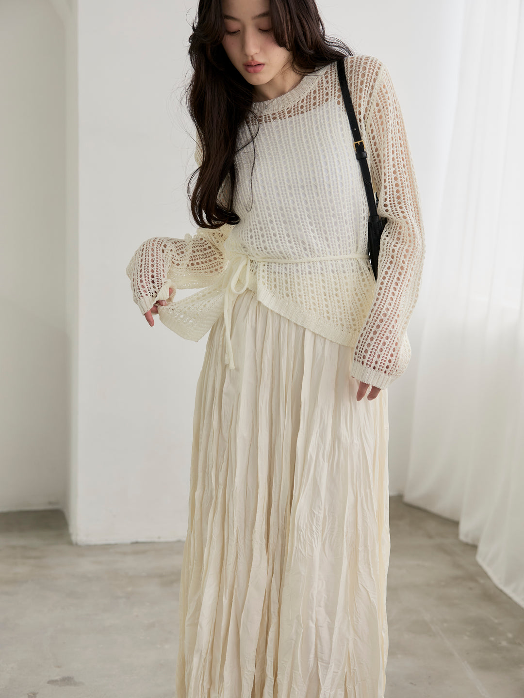 【SET】リネンタッチデザイン編みタイ付きルーズトップス+グロッシーワッシャープリーツスカート(2set)