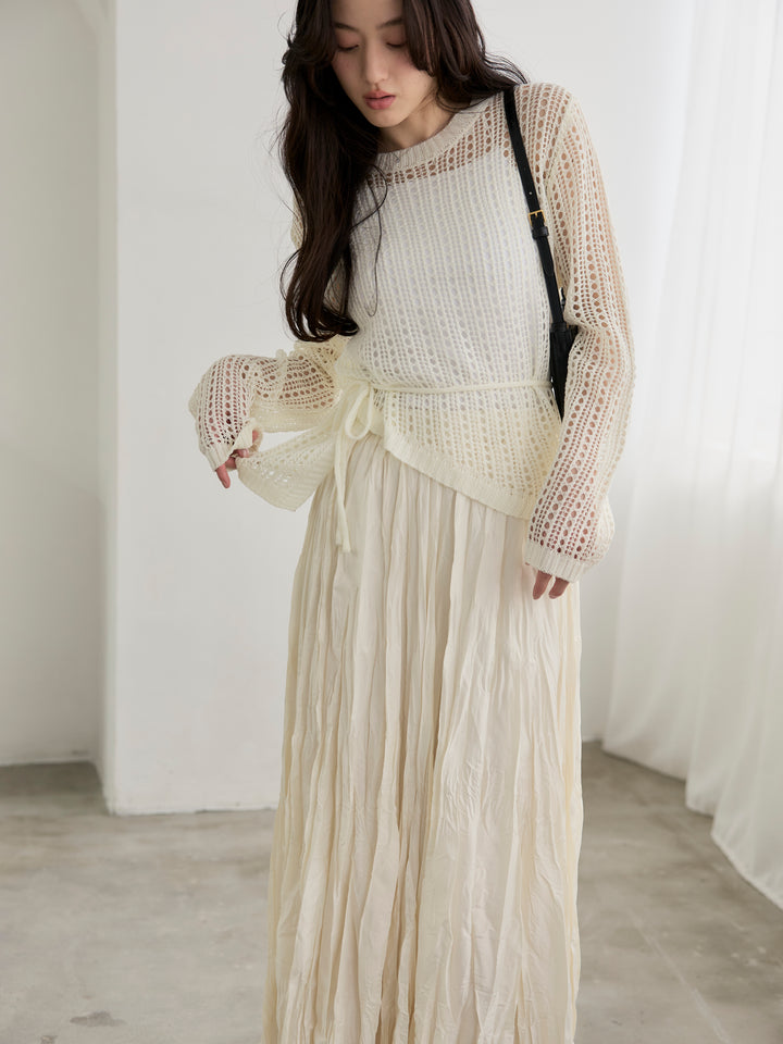 【SET】リネンタッチデザイン編みタイ付きルーズトップス+カットリブカップ付きバッククロスキャミソール(2set)