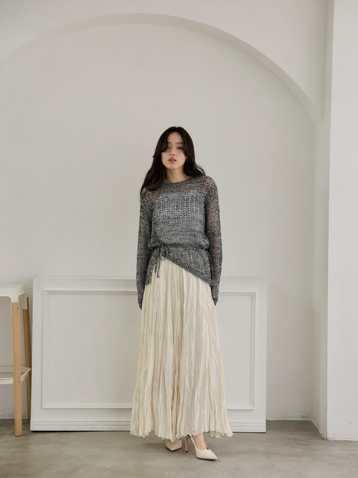 【SET】リネンタッチデザイン編みタイ付きルーズトップス+カットリブカップ付きバッククロスキャミソール(2set)