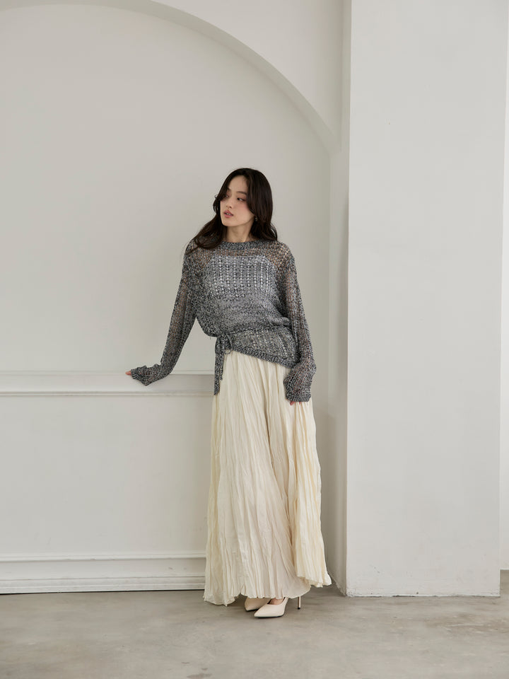 【SET】リネンタッチデザイン編みタイ付きルーズトップス+グロッシーワッシャープリーツスカート(2set)