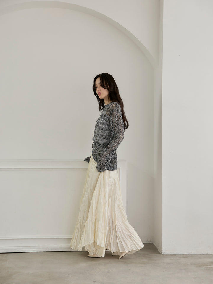 リネンタッチデザイン編みタイ付きルーズトップス