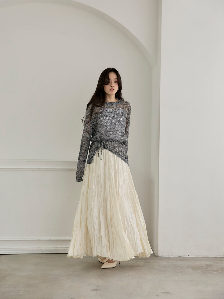 リネンタッチデザイン編みタイ付きルーズトップス