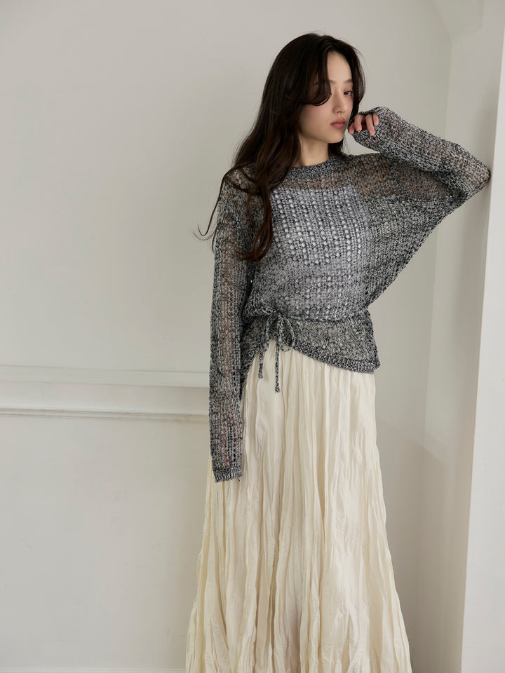 【SET】リネンタッチデザイン編みタイ付きルーズトップス+グロッシーワッシャープリーツスカート(2set)