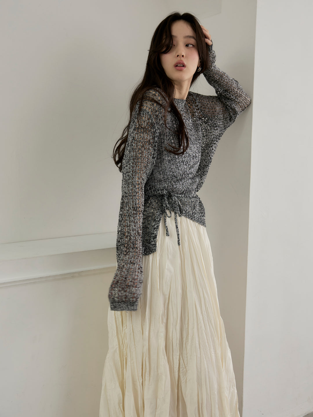 【SET】リネンタッチデザイン編みタイ付きルーズトップス+グロッシーワッシャープリーツスカート(2set)