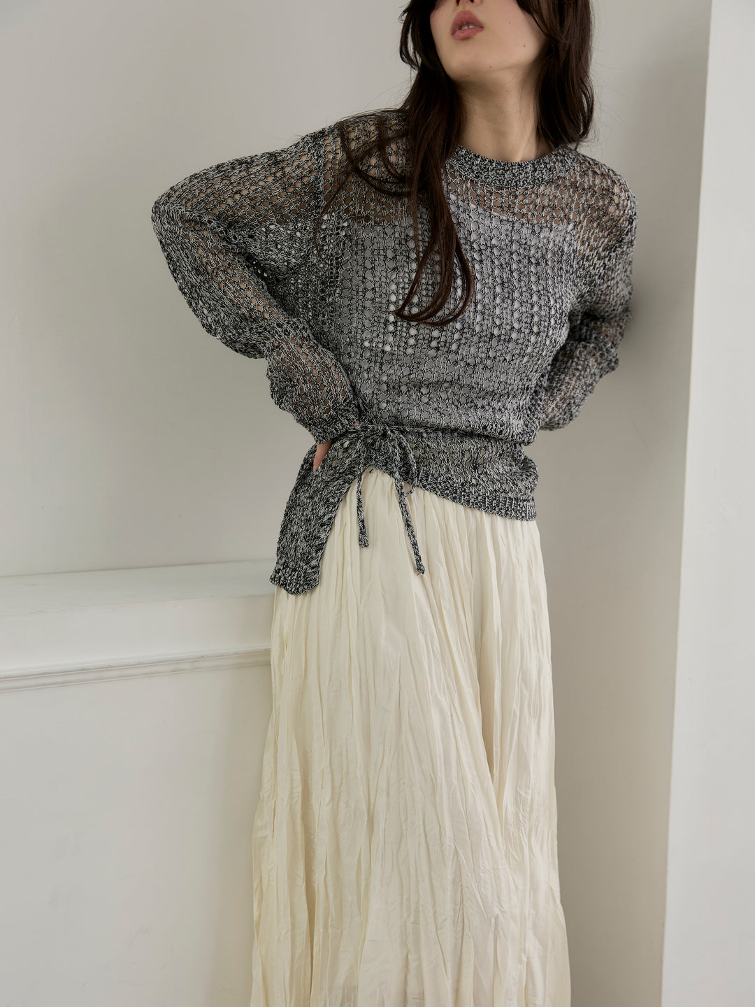 リネンタッチデザイン編みタイ付きルーズトップス