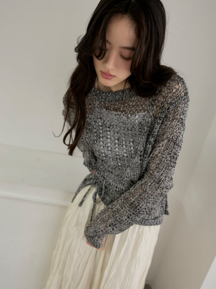 【SET】リネンタッチデザイン編みタイ付きルーズトップス+グロッシーワッシャープリーツスカート(2set)