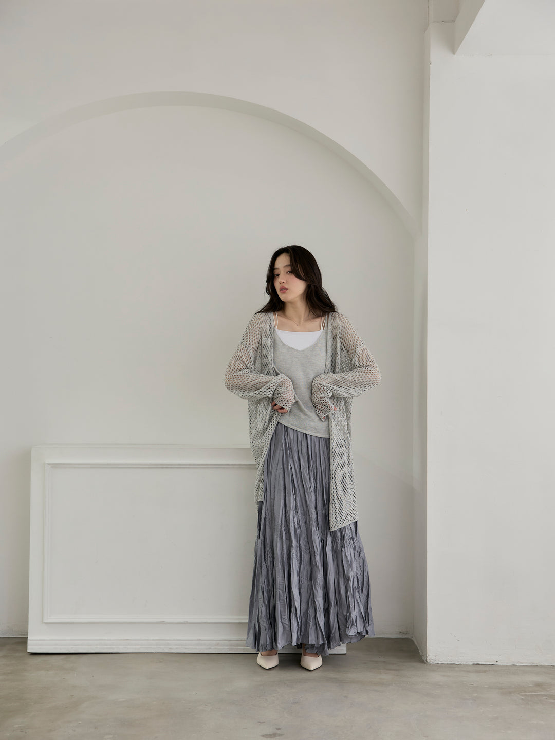 【SET】リネンタッチ透かし編みカーディガン&キャミソールSET+グロッシーワッシャープリーツスカート(2set)