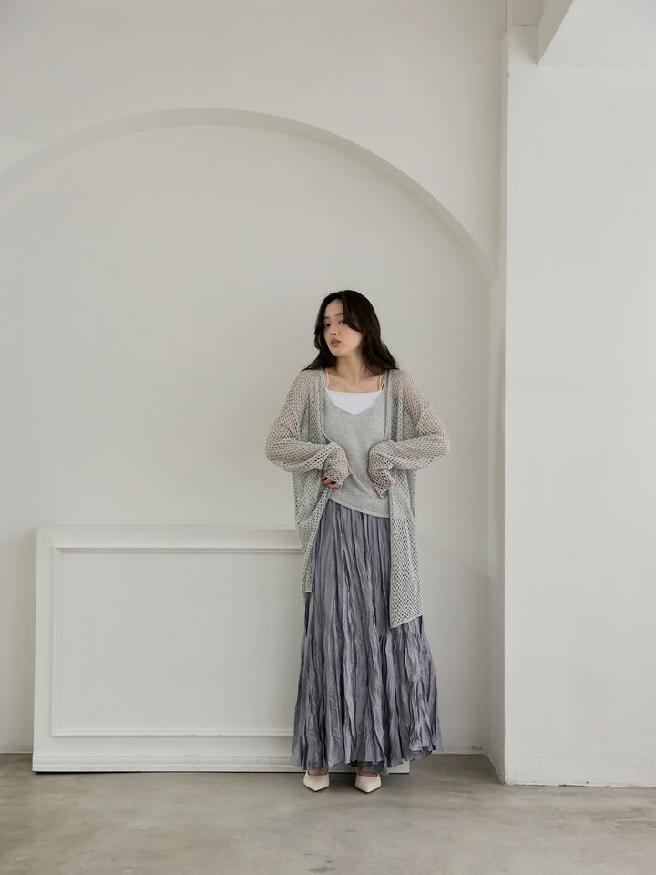 【SET】リネンタッチ透かし編みカーディガン&キャミソールSET+カットリブカップ付きバッククロスキャミソール(2set)