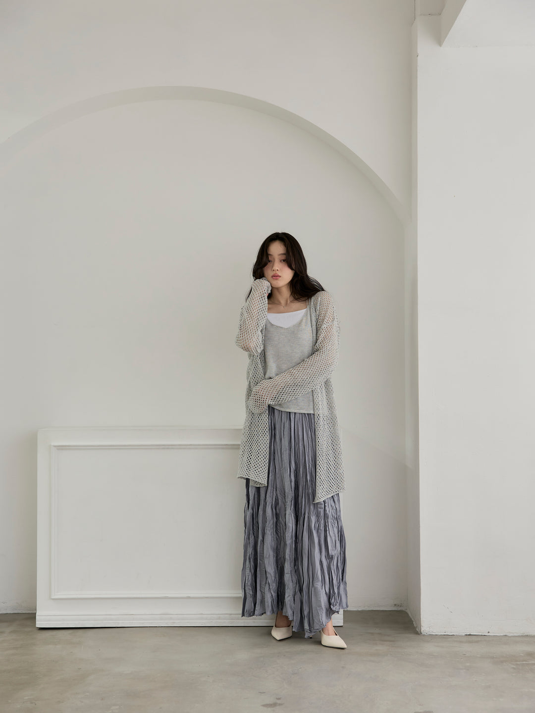 【SET】リネンタッチ透かし編みカーディガン&キャミソールSET+グロッシーワッシャープリーツスカート(2set)