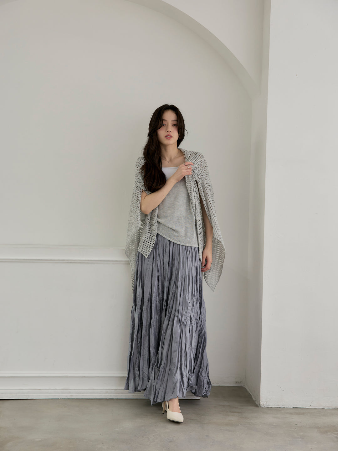 【SET】リネンタッチ透かし編みカーディガン&キャミソールSET+グロッシーワッシャープリーツスカート(2set)