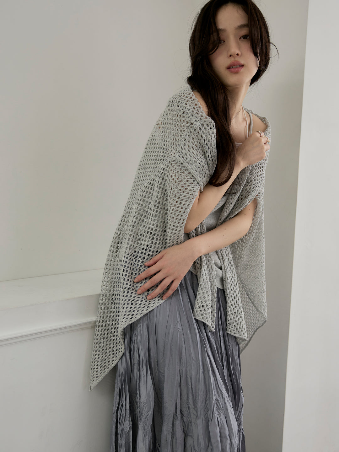 【SET】リネンタッチ透かし編みカーディガン&キャミソールSET+グロッシーワッシャープリーツスカート(2set)