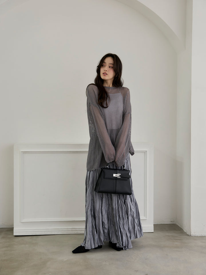 【SET】リネンタッチメッシュルーズトップス+グロッシーワッシャープリーツスカート(2set)