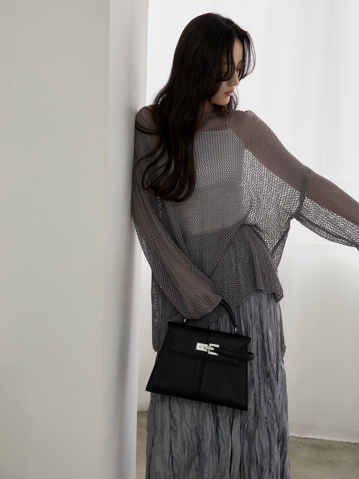 【SET】リネンタッチメッシュルーズトップス+カットリブカップ付きバッククロスキャミソール(2set)