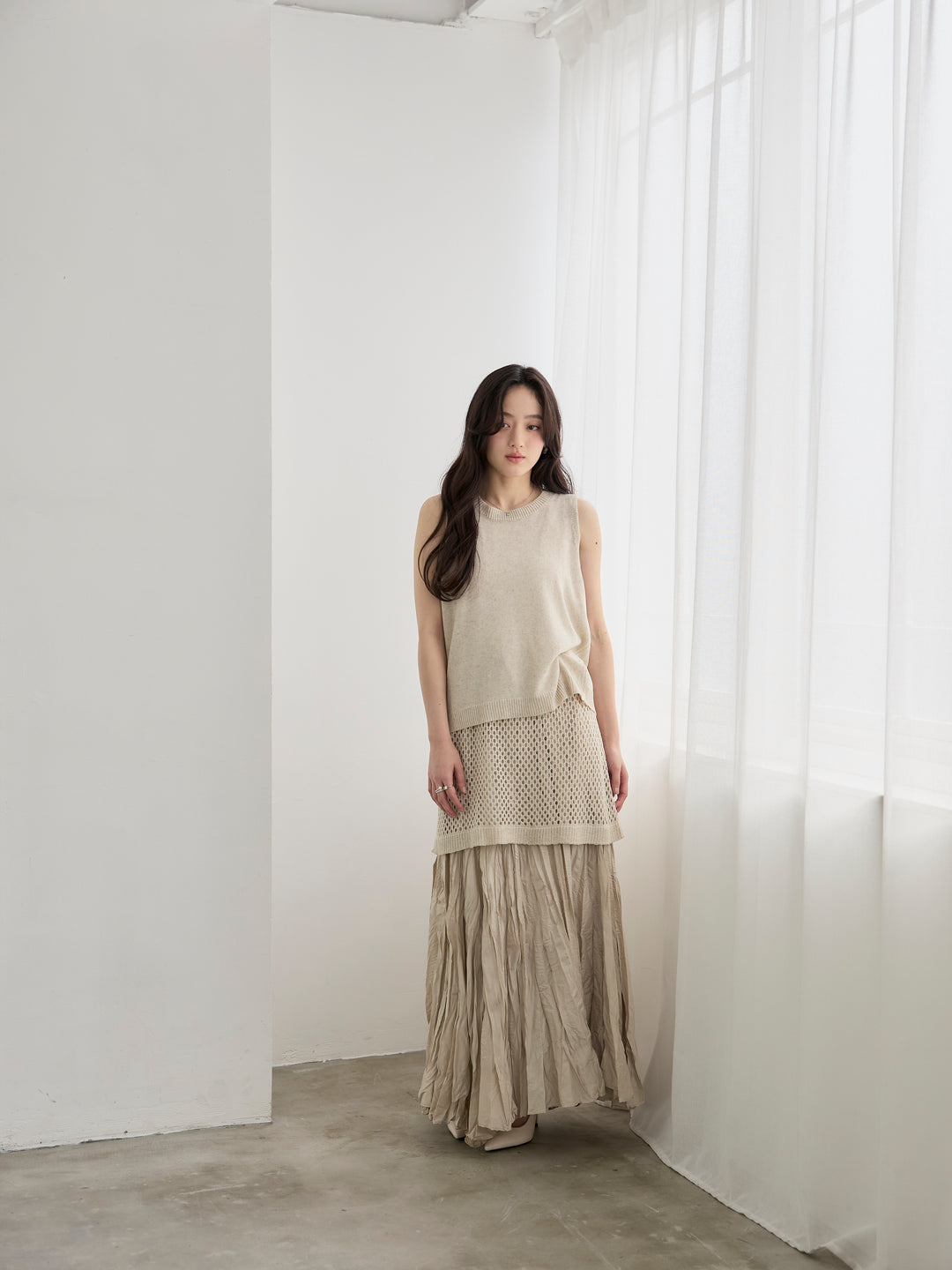 【SET】リネンタッチノースリトップス&透かし編みラップミニスカートSET+グロッシーワッシャープリーツスカート(2set)