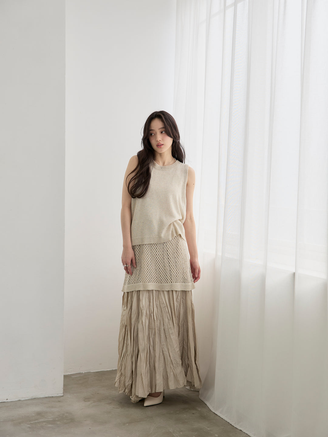 リネンタッチノースリトップス&透かし編みラップミニスカートSET