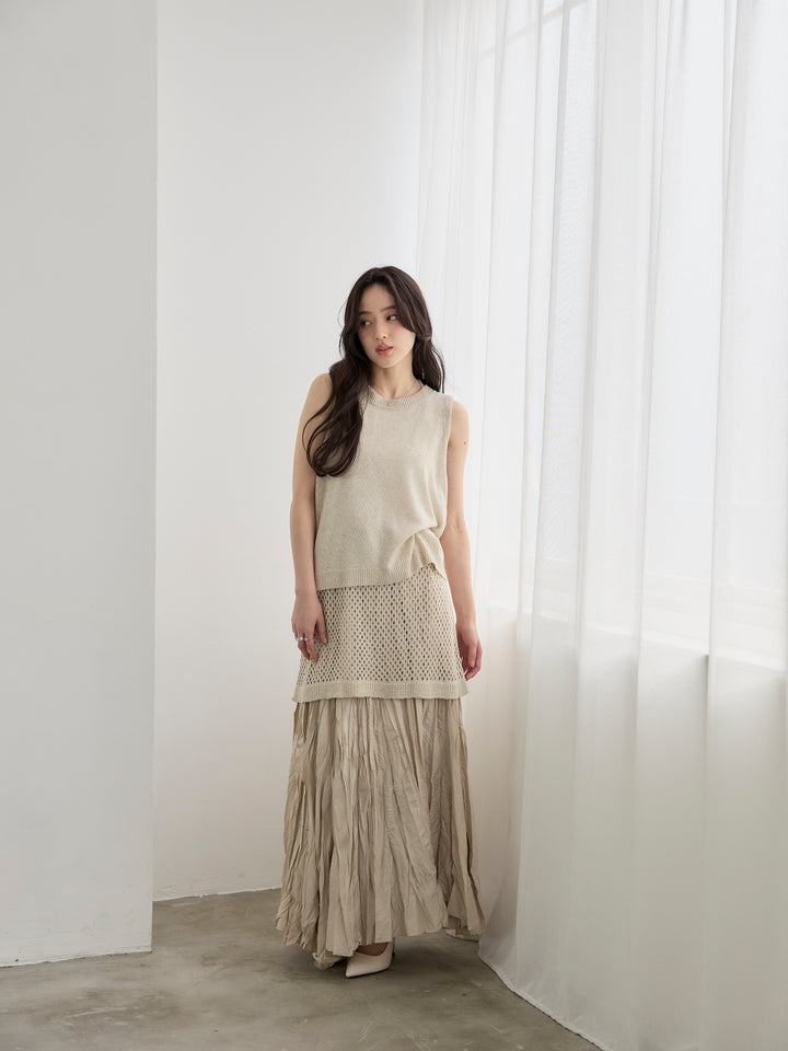 【SET】リネンタッチノースリトップス&透かし編みラップミニスカートSET+グロッシーワッシャープリーツスカート(2set)