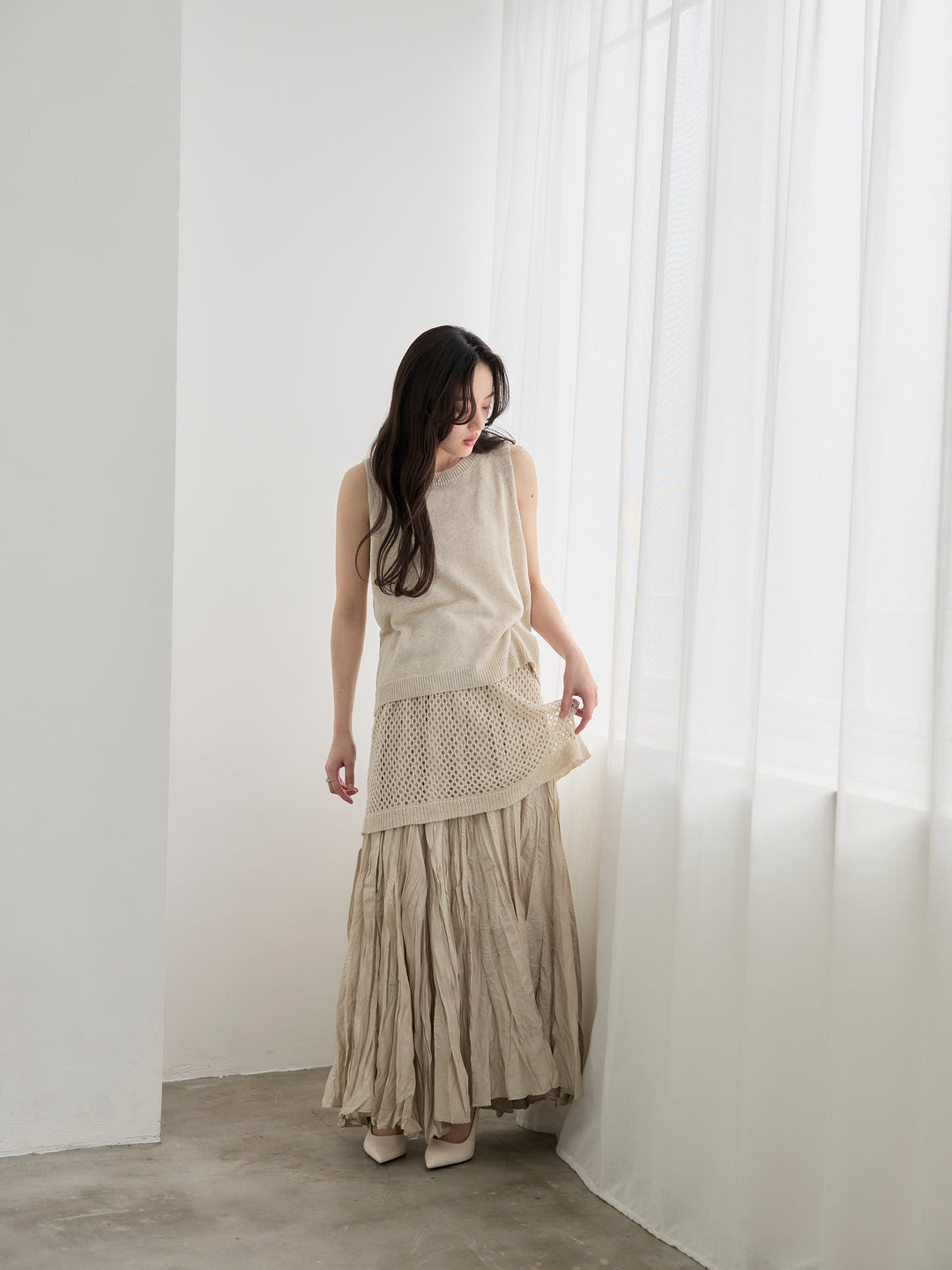 【SET】リネンタッチノースリトップス&透かし編みラップミニスカートSET+グロッシーワッシャープリーツスカート(2set)