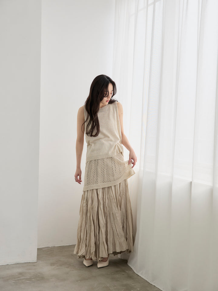 【SET】リネンタッチノースリトップス&透かし編みラップミニスカートSET+グロッシーワッシャープリーツスカート(2set)
