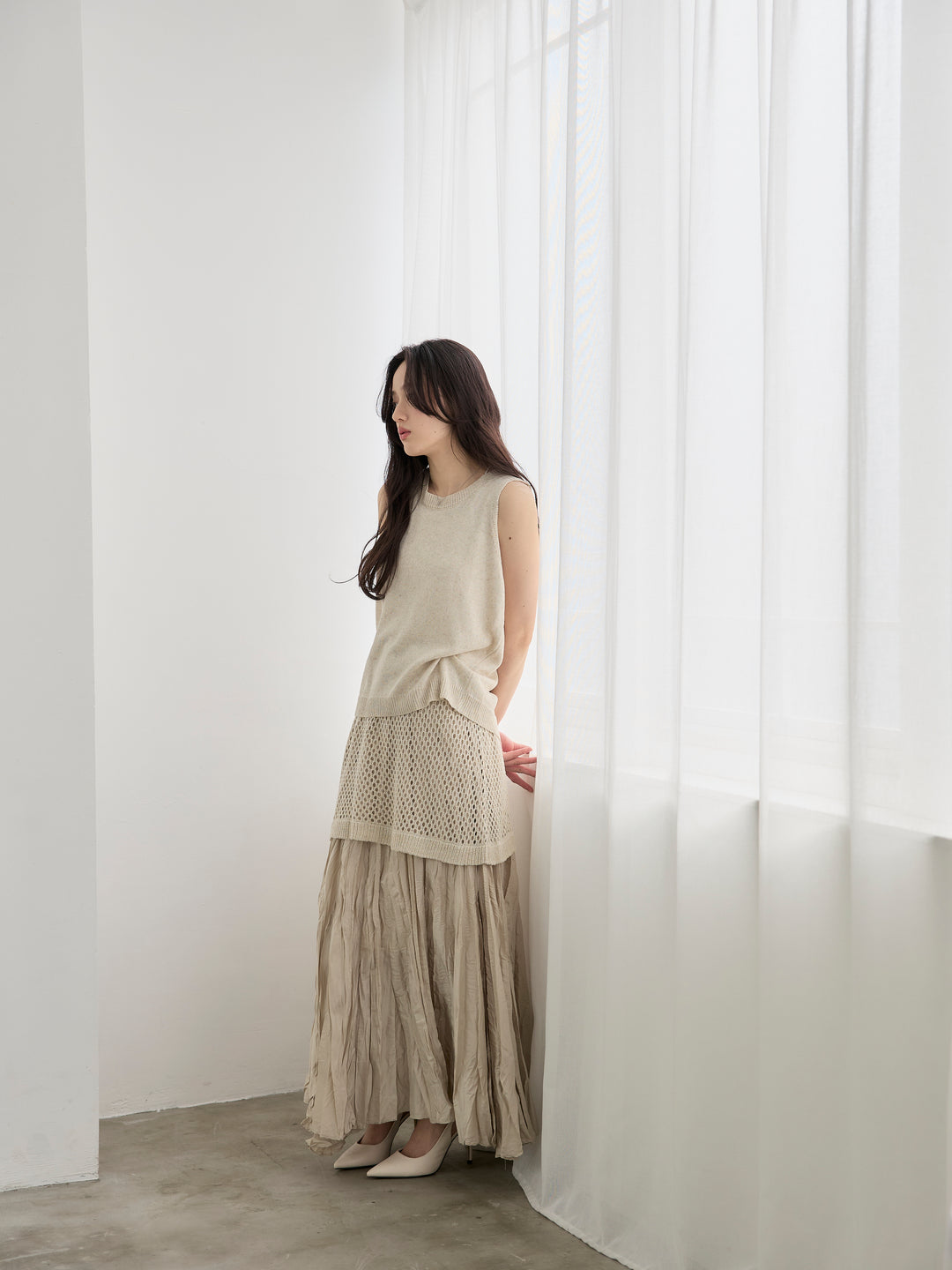 【SET】リネンタッチノースリトップス&透かし編みラップミニスカートSET+グロッシーワッシャープリーツスカート(2set)