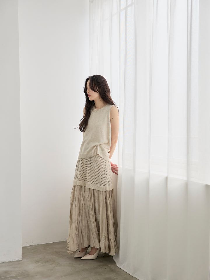 【SET】リネンタッチノースリトップス&透かし編みラップミニスカートSET+カットリブカップ付きバッククロスキャミソール(2set)