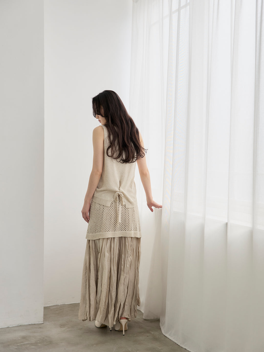 【SET】リネンタッチノースリトップス&透かし編みラップミニスカートSET+グロッシーワッシャープリーツスカート(2set)