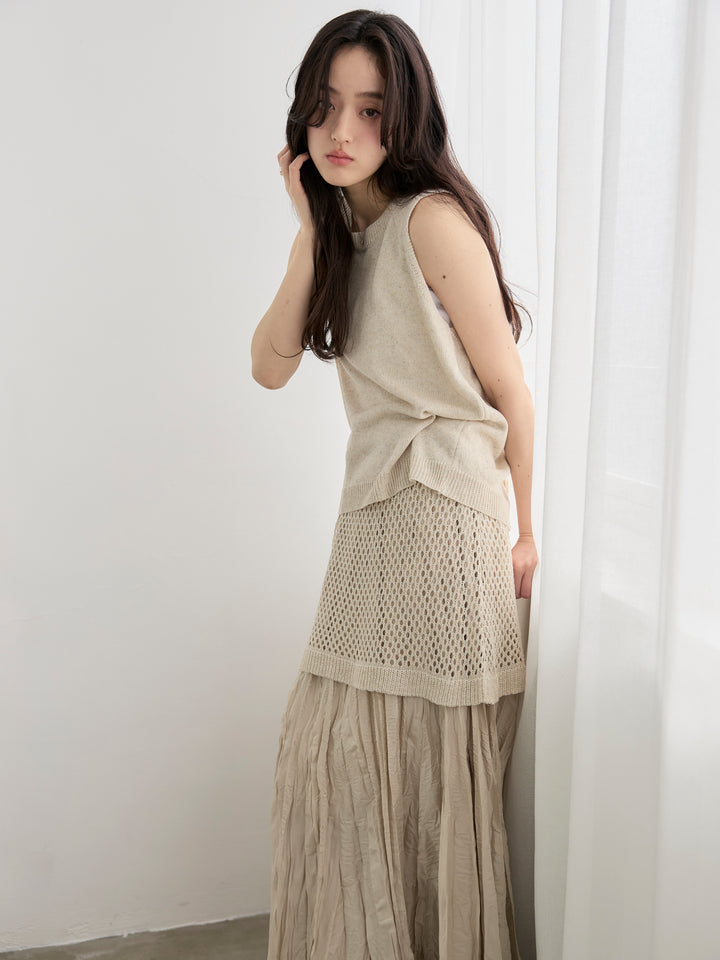【SET】リネンタッチノースリトップス&透かし編みラップミニスカートSET+カットリブカップ付きバッククロスキャミソール(2set)