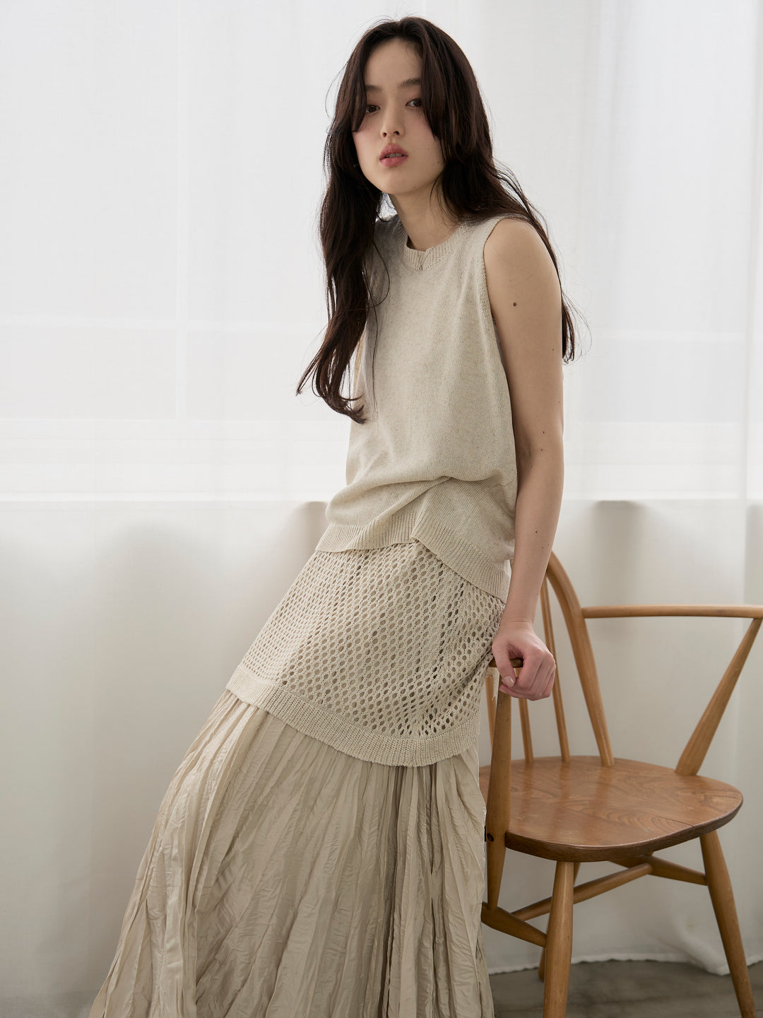 【SET】リネンタッチノースリトップス&透かし編みラップミニスカートSET+カットリブカップ付きバッククロスキャミソール(2set)