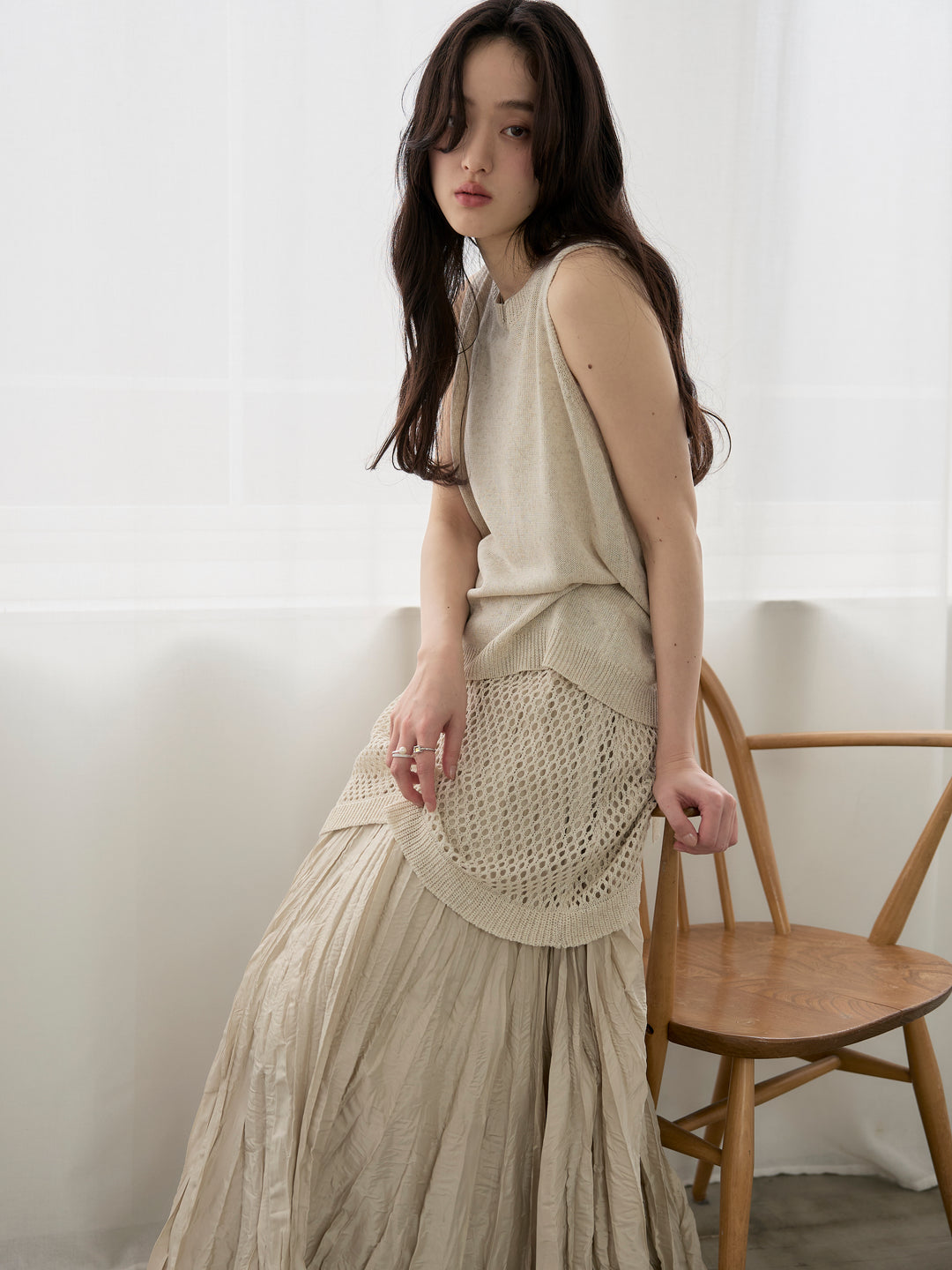 【SET】リネンタッチノースリトップス&透かし編みラップミニスカートSET+カットリブカップ付きバッククロスキャミソール(2set)