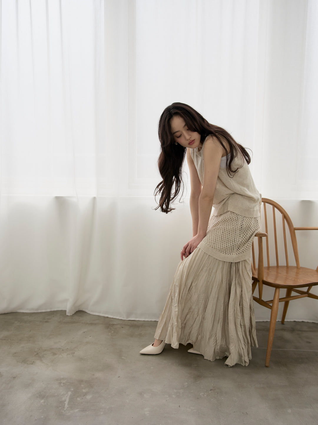 リネンタッチノースリトップス&透かし編みラップミニスカートSET