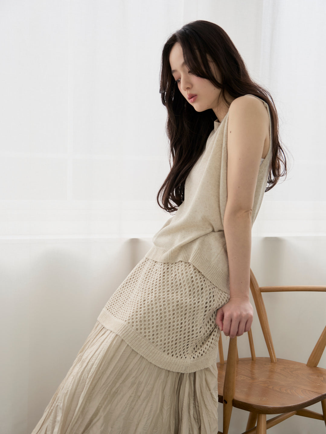 【SET】リネンタッチノースリトップス&透かし編みラップミニスカートSET+グロッシーワッシャープリーツスカート(2set)