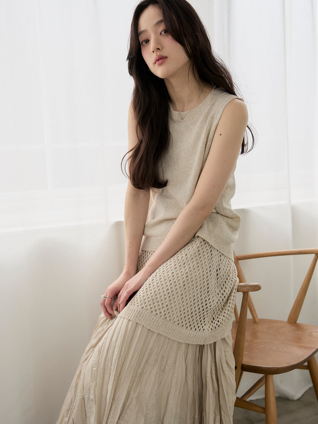 【SET】リネンタッチノースリトップス&透かし編みラップミニスカートSET+グロッシーワッシャープリーツスカート(2set)