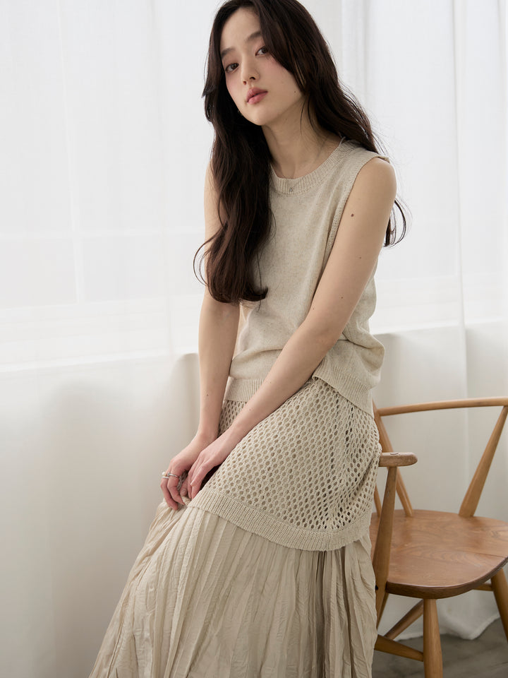 【SET】リネンタッチノースリトップス&透かし編みラップミニスカートSET+グロッシーワッシャープリーツスカート(2set)