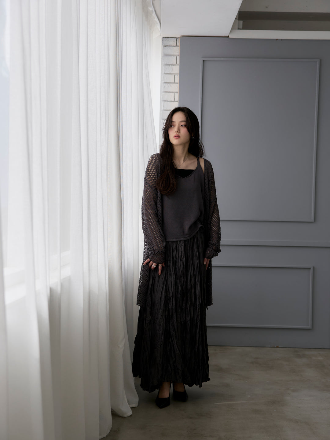 【SET】リネンタッチ透かし編みカーディガン&キャミソールSET+カットリブカップ付きバッククロスキャミソール(2set)