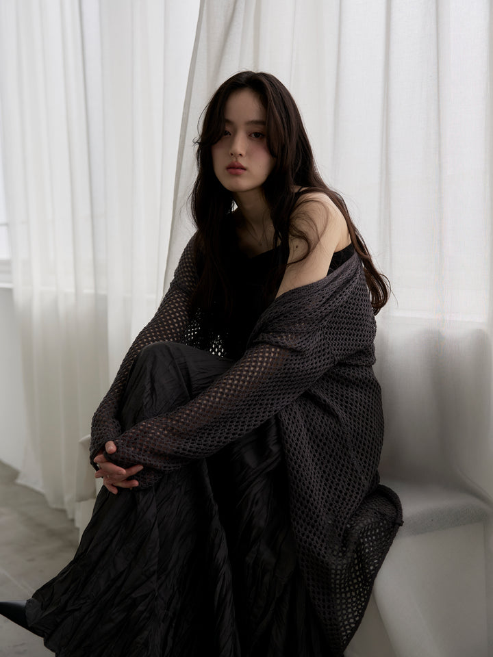 【SET】リネンタッチ透かし編みカーディガン&キャミソールSET+グロッシーワッシャープリーツスカート(2set)