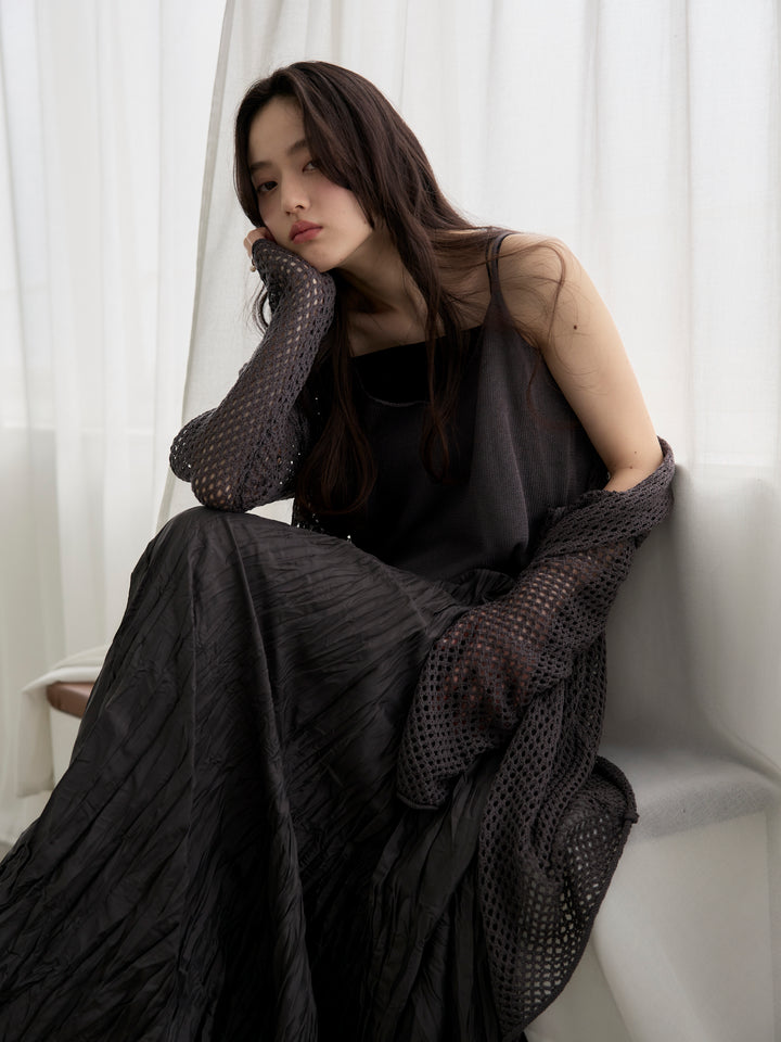 【SET】リネンタッチ透かし編みカーディガン&キャミソールSET+カットリブカップ付きバッククロスキャミソール(2set)