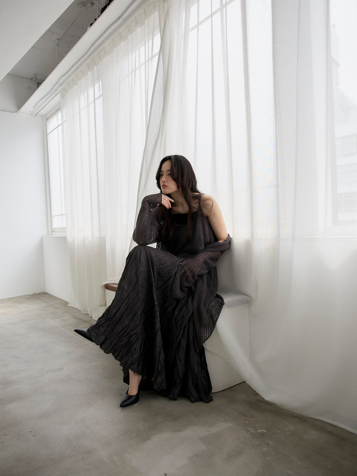 【SET】リネンタッチ透かし編みカーディガン&キャミソールSET+グロッシーワッシャープリーツスカート(2set)