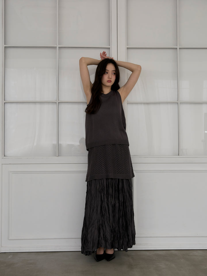 【SET】リネンタッチノースリトップス&透かし編みラップミニスカートSET+カットリブカップ付きバッククロスキャミソール(2set)