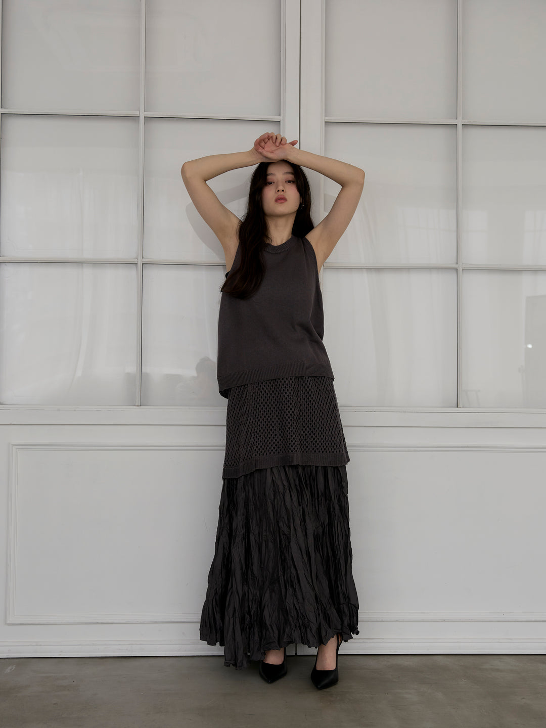 リネンタッチノースリトップス&透かし編みラップミニスカートSET