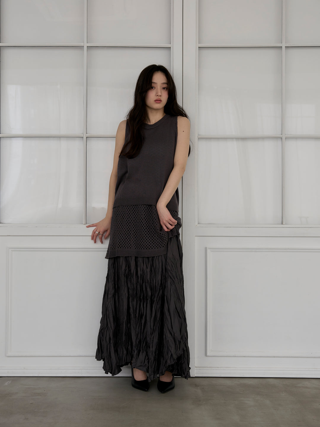 リネンタッチノースリトップス&透かし編みラップミニスカートSET