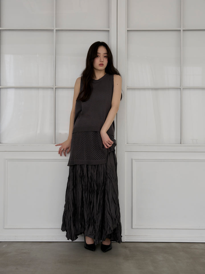 【SET】リネンタッチノースリトップス&透かし編みラップミニスカートSET+グロッシーワッシャープリーツスカート(2set)