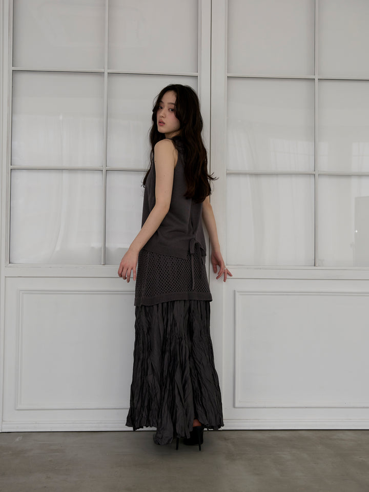 【SET】リネンタッチノースリトップス&透かし編みラップミニスカートSET+カットリブカップ付きバッククロスキャミソール(2set)