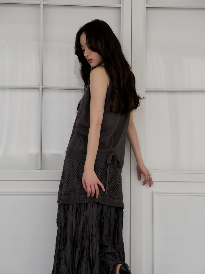 リネンタッチノースリトップス&透かし編みラップミニスカートSET