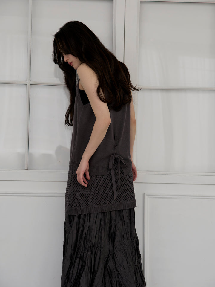 【SET】リネンタッチノースリトップス&透かし編みラップミニスカートSET+カットリブカップ付きバッククロスキャミソール(2set)