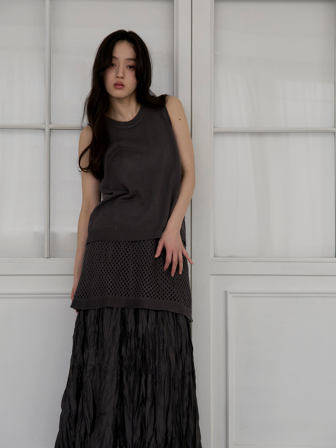 【SET】リネンタッチノースリトップス&透かし編みラップミニスカートSET+グロッシーワッシャープリーツスカート(2set)