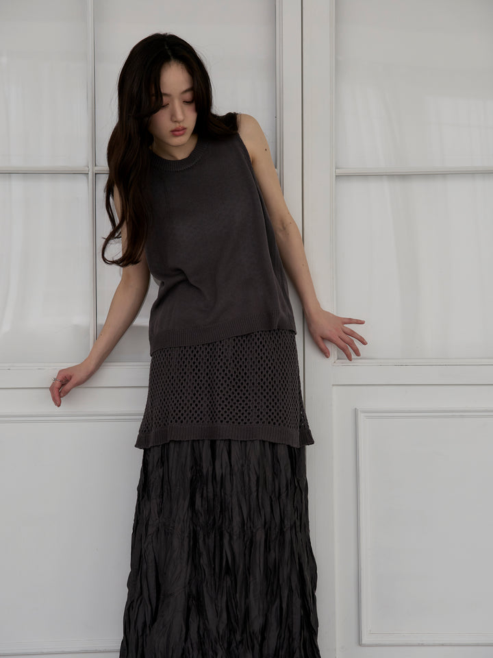 【SET】リネンタッチノースリトップス&透かし編みラップミニスカートSET+グロッシーワッシャープリーツスカート(2set)