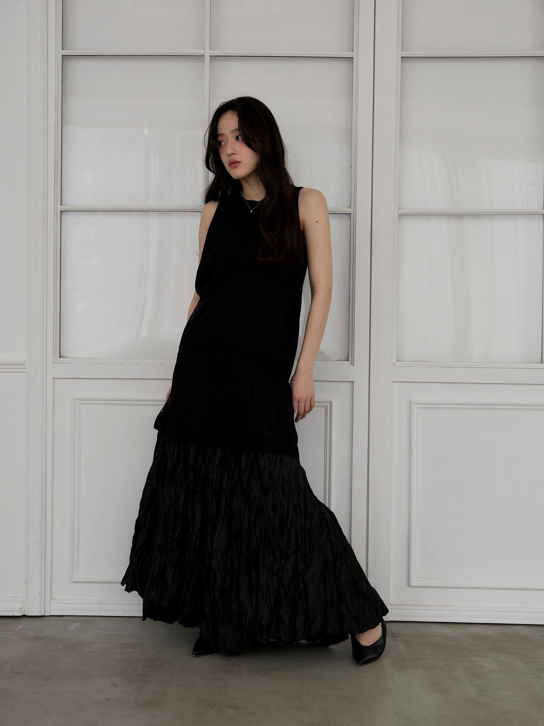 リネンタッチノースリトップス&透かし編みラップミニスカートSET