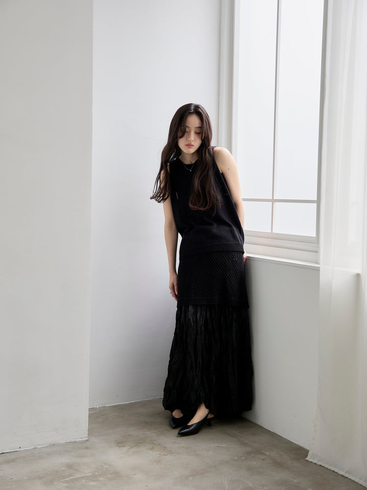 【SET】リネンタッチノースリトップス&透かし編みラップミニスカートSET+グロッシーワッシャープリーツスカート(2set)